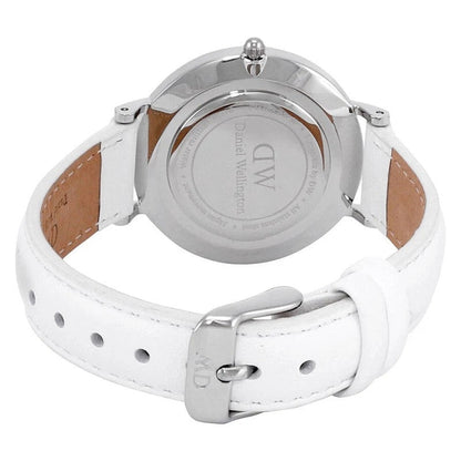 Daniel Wellington Petite Bondi watch caseback with engraved DW logo and white strap