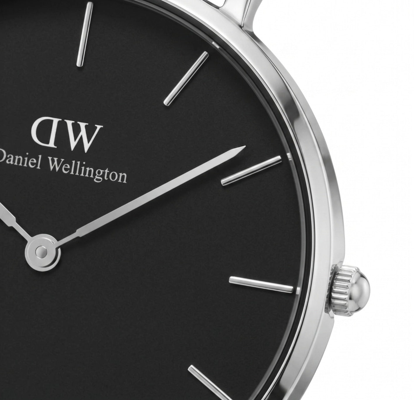 Daniel Wellington Petite Bondi dial detail showing hour markers and hands