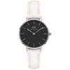 Daniel Wellington Petite Bondi black dial silver case white leather strap front view