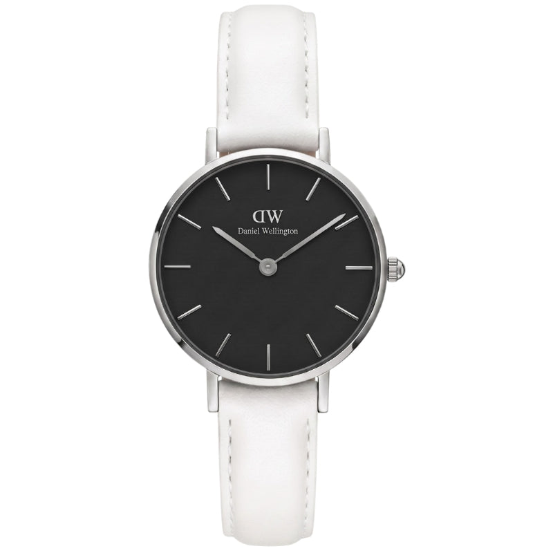 Daniel Wellington Petite Bondi black dial silver case white leather strap front view