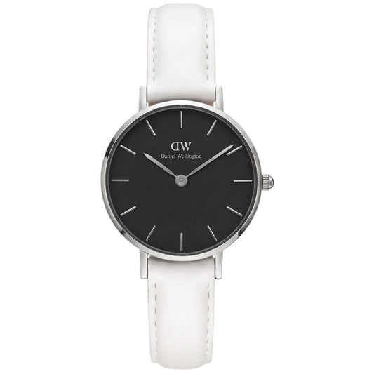 Daniel Wellington Petite Bondi black dial silver case white leather strap front view