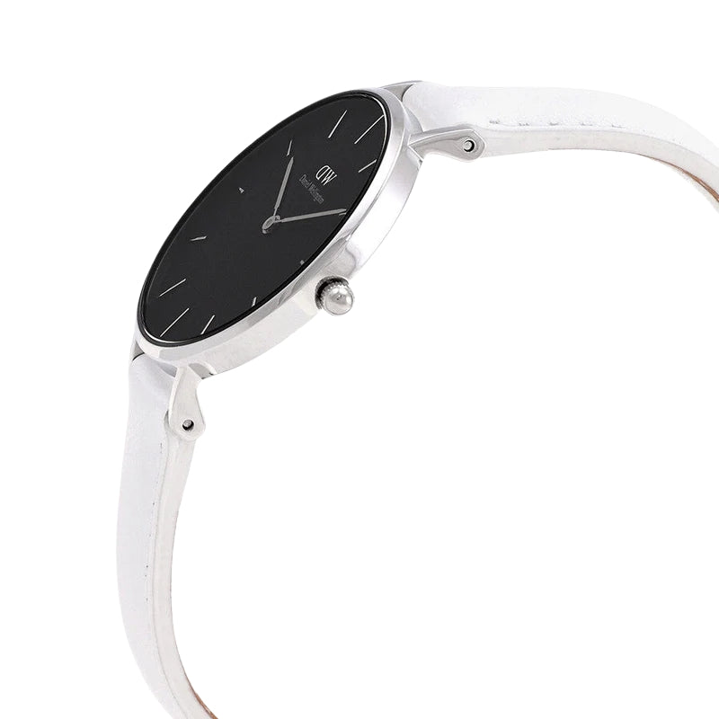 Daniel Wellington Petite Bondi watch side profile showing case and white leather strap