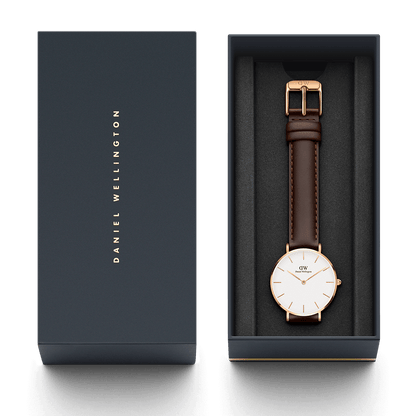 Daniel Wellington Petite Bristol watch in brand packaging with owner's guide