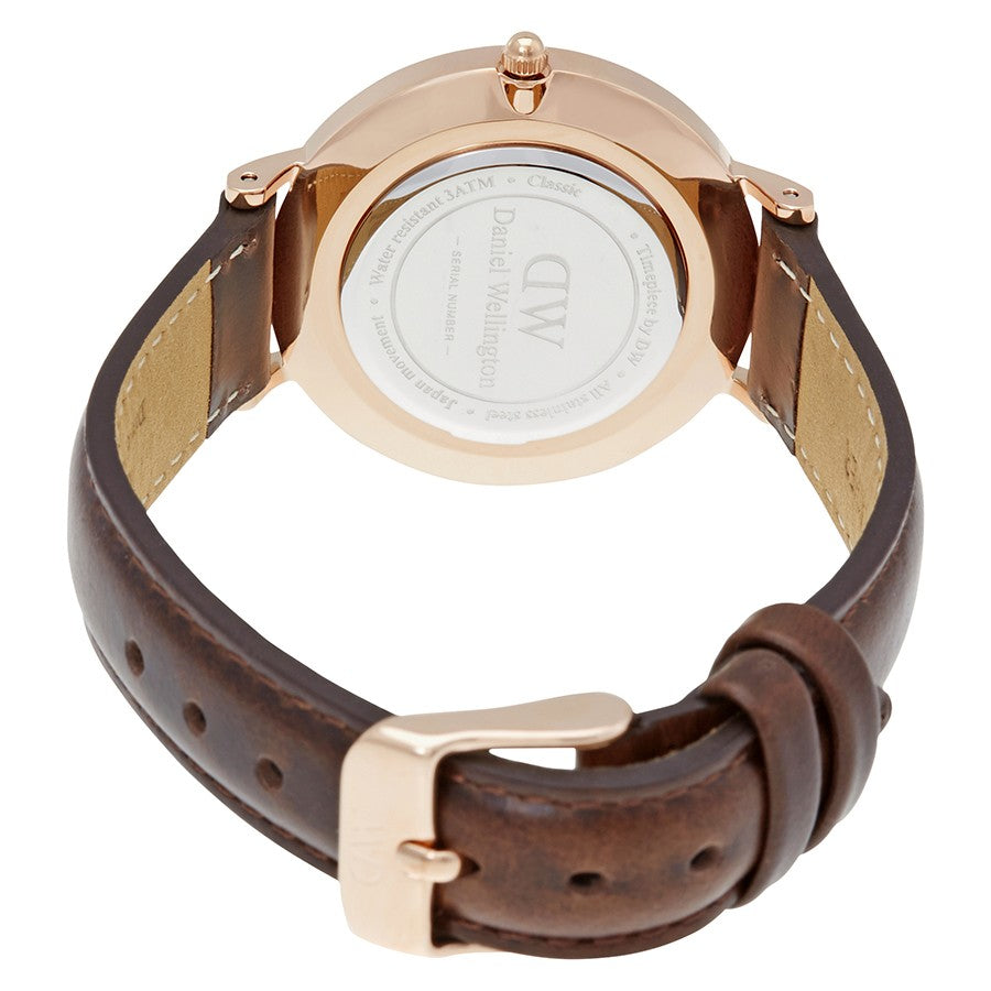 Case back of Daniel Wellington Petite Bristol watch showing serial number and branding