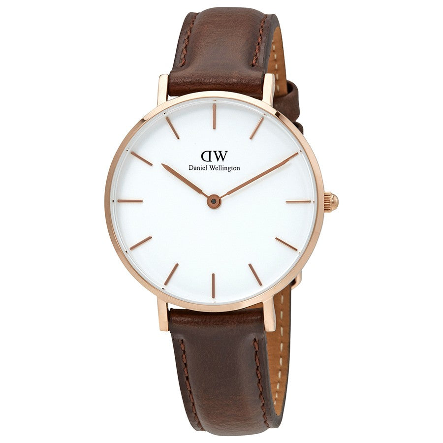 Daniel Wellington Petite Bristol women's watch with white dial, rose gold case, and brown leather strap