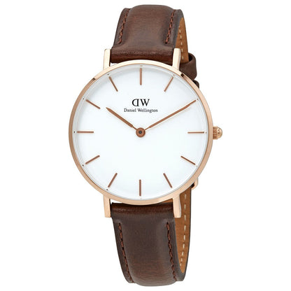 Daniel Wellington Petite Bristol women's watch with white dial, rose gold case, and brown leather strap