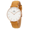 Daniel Wellington Petite Durham 32mm watch with white dial, rose gold case, and tan leather strap