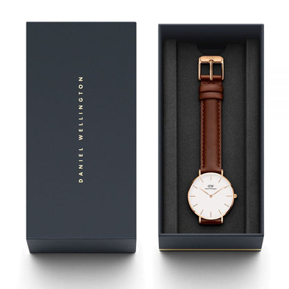 Daniel Wellington box packaging with burgundy leather strap and watch displayed inside