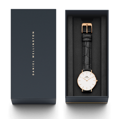 Daniel Wellington Reading watch box set with owner's guide and black crocodile leather strap