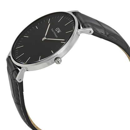 Daniel Wellington Reading watch angled side view showing case and black leather strap