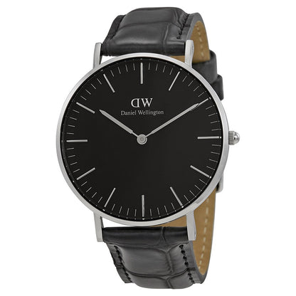 Daniel Wellington Reading 36mm black dial silver watch with black leather strap