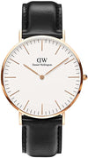 Daniel Wellington Reading 36mm watch with white dial, rose gold case, and black leather strap