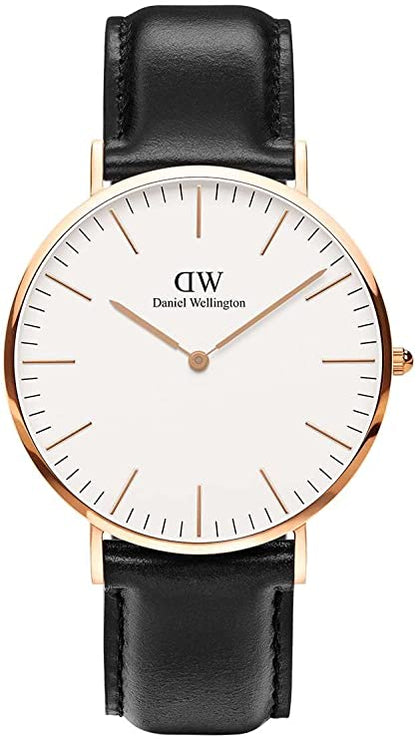Daniel Wellington Reading 36mm watch with white dial, rose gold case, and black leather strap