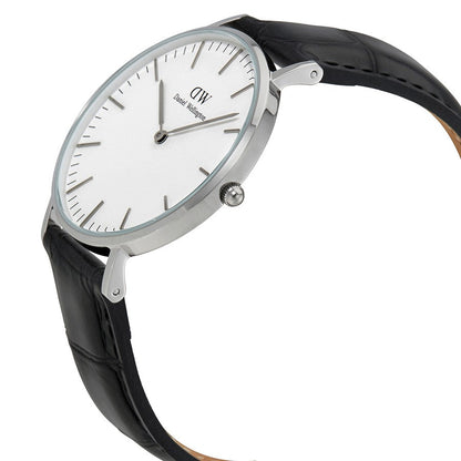 Daniel Wellington Reading watch at angle showing silver case and black quilted leather strap