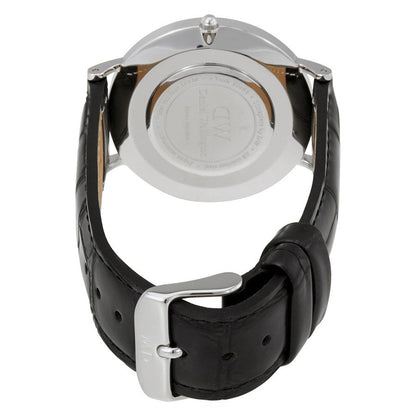 Daniel Wellington Reading watch caseback showing engraved details and black leather strap