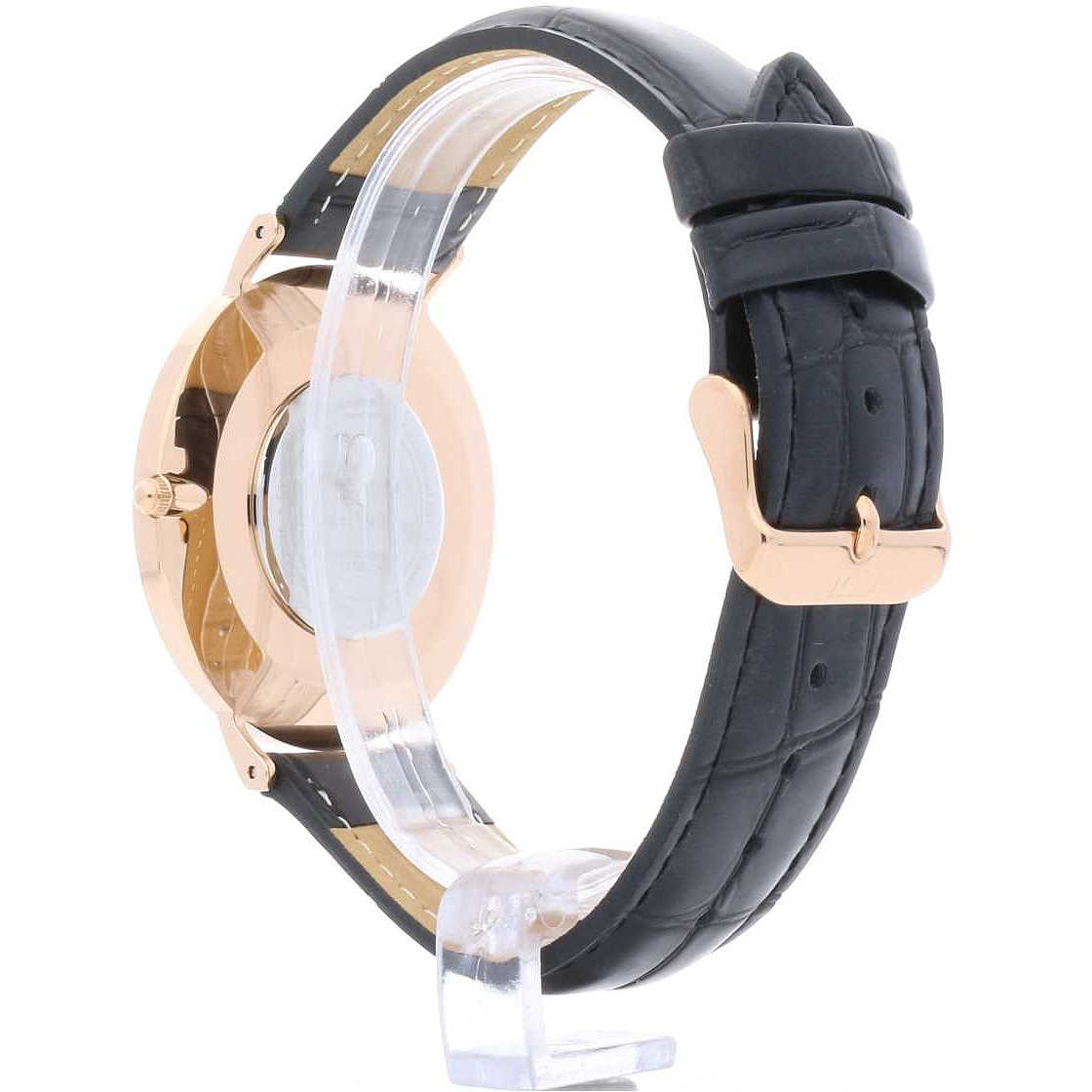 Side angle view of Daniel Wellington Reading watch showing rose gold case and black crocodile-embossed leather strap