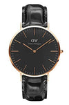 Daniel Wellington Reading 40mm men's watch with rose gold case, black dial, rose gold indices and black leather strap