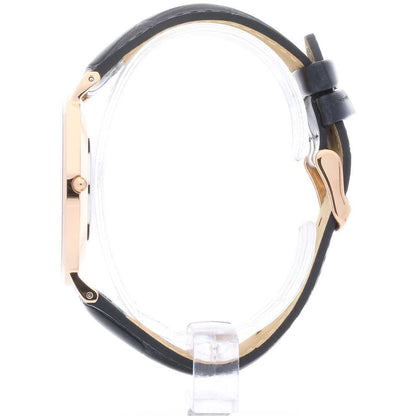 Side profile of Daniel Wellington Reading 40mm watch with rose gold case and black leather strap