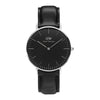 Daniel Wellington Sheffield 36mm watch with black dial, silver case and black leather strap