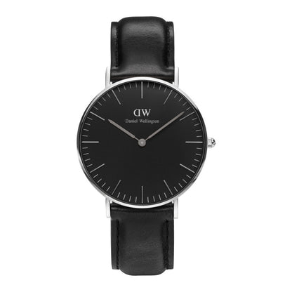 Daniel Wellington Sheffield 36mm watch with black dial, silver case and black leather strap