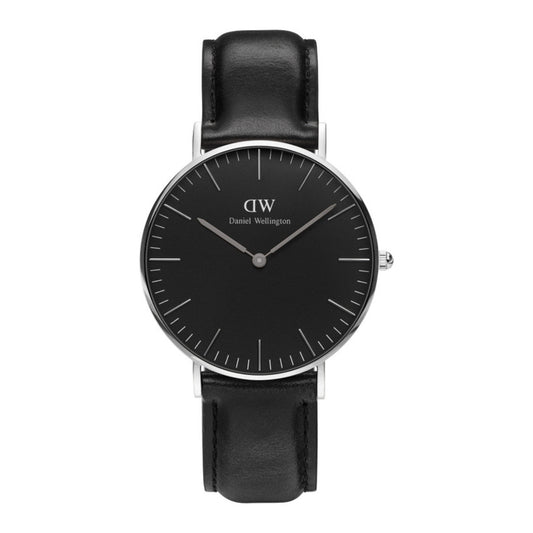 Daniel Wellington Sheffield 36mm watch with black dial, silver case and black leather strap