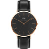 Daniel Wellington Sheffield 40mm black dial rose gold watch with black leather strap