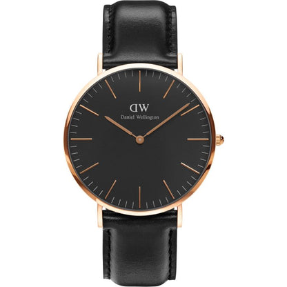 Daniel Wellington Sheffield 40mm black dial rose gold watch with black leather strap