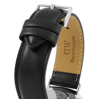 Close-up of Daniel Wellington Sheffield black genuine leather strap with silver buckle