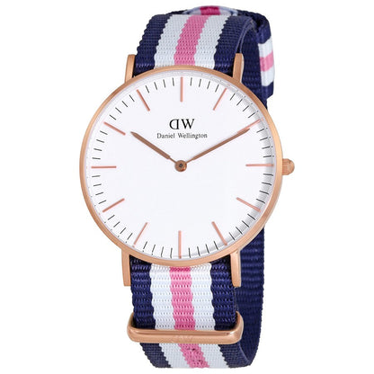 Daniel Wellington Southampton 36mm rose gold watch with white dial and navy pink white striped fabric strap