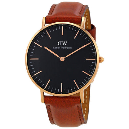Daniel Wellington St Mawes 36mm gold watch with black dial and brown leather strap