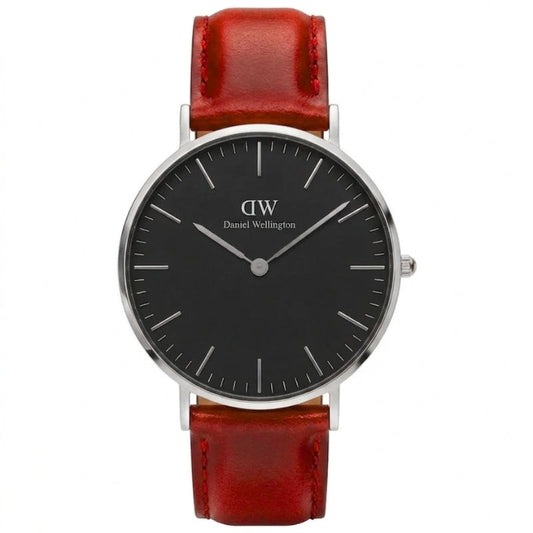 Daniel Wellington St Mawes 40mm silver watch with black dial and red-brown leather strap