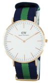 Daniel Wellington Warwick 40mm gold watch with white dial and blue-green striped NATO strap