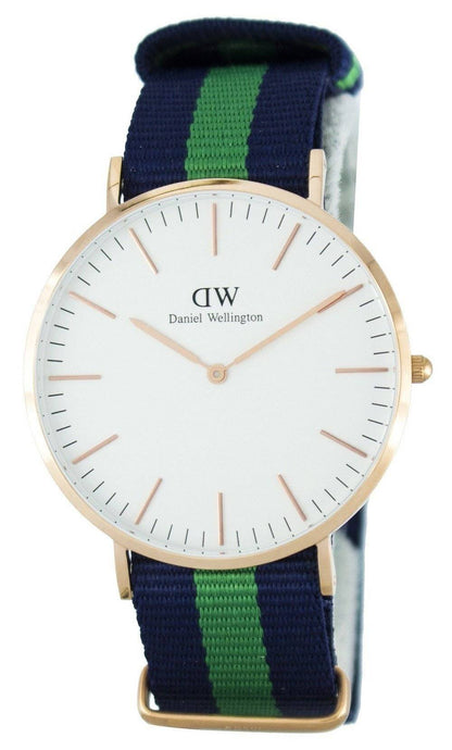 Daniel Wellington Warwick 40mm gold watch with white dial and blue-green striped NATO strap