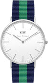 Daniel Wellington Warwick 40mm watch with white dial, silver case, and navy green striped NATO strap