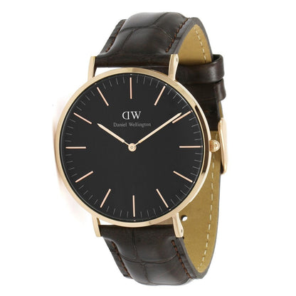 Daniel Wellington York 40mm black dial gold watch with black leather strap