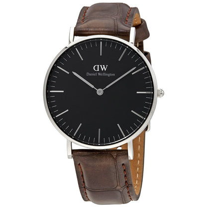 Daniel Wellington York 36mm silver watch with black dial and brown leather strap