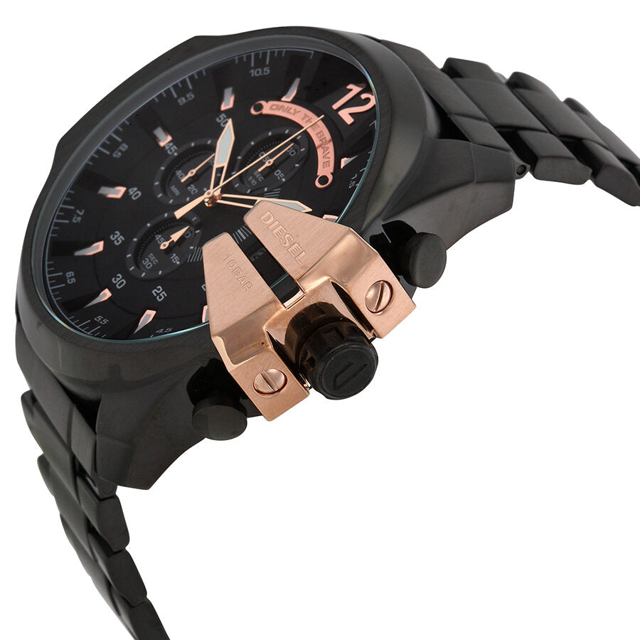 Diesel Chief chronograph watch angled view showing rose gold chronograph pushers and black steel case