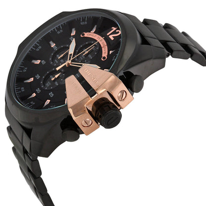 Diesel Chief chronograph watch angled view showing rose gold chronograph pushers and black steel case
