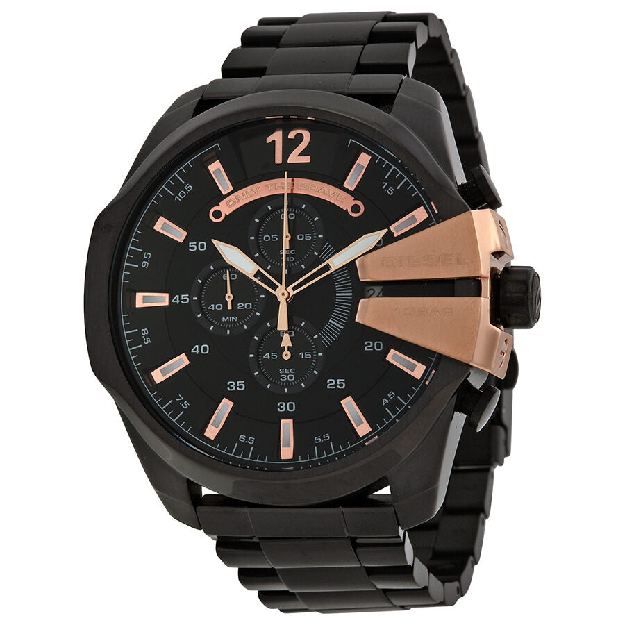 Diesel Chief chronograph watch with black dial and rose gold indices on black stainless steel bracelet