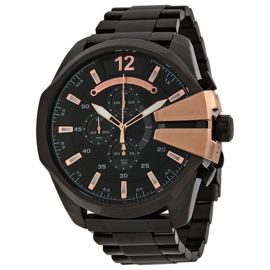 Diesel Chief chronograph watch with black dial and rose gold indices on black stainless steel bracelet