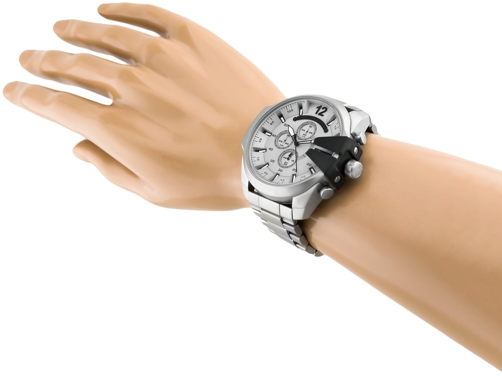 Diesel Mega Chief Chrono chronograph watch worn on wrist with steel bracelet