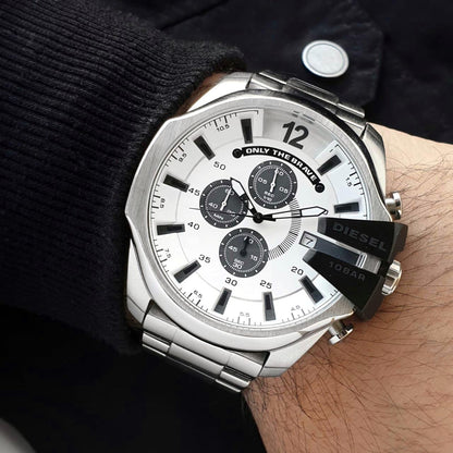 Diesel Mega Chief watch on wrist showing white dial with applied index markers