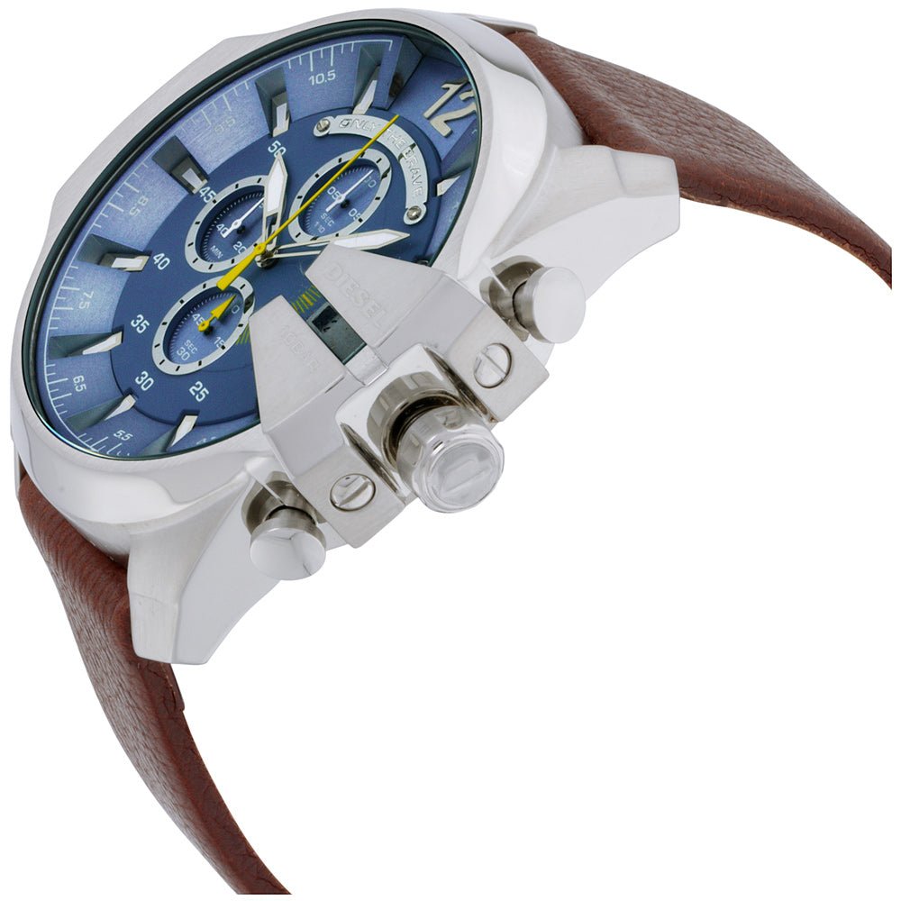 Three-quarter angled view of Diesel Mega Chief chronograph with brown leather strap