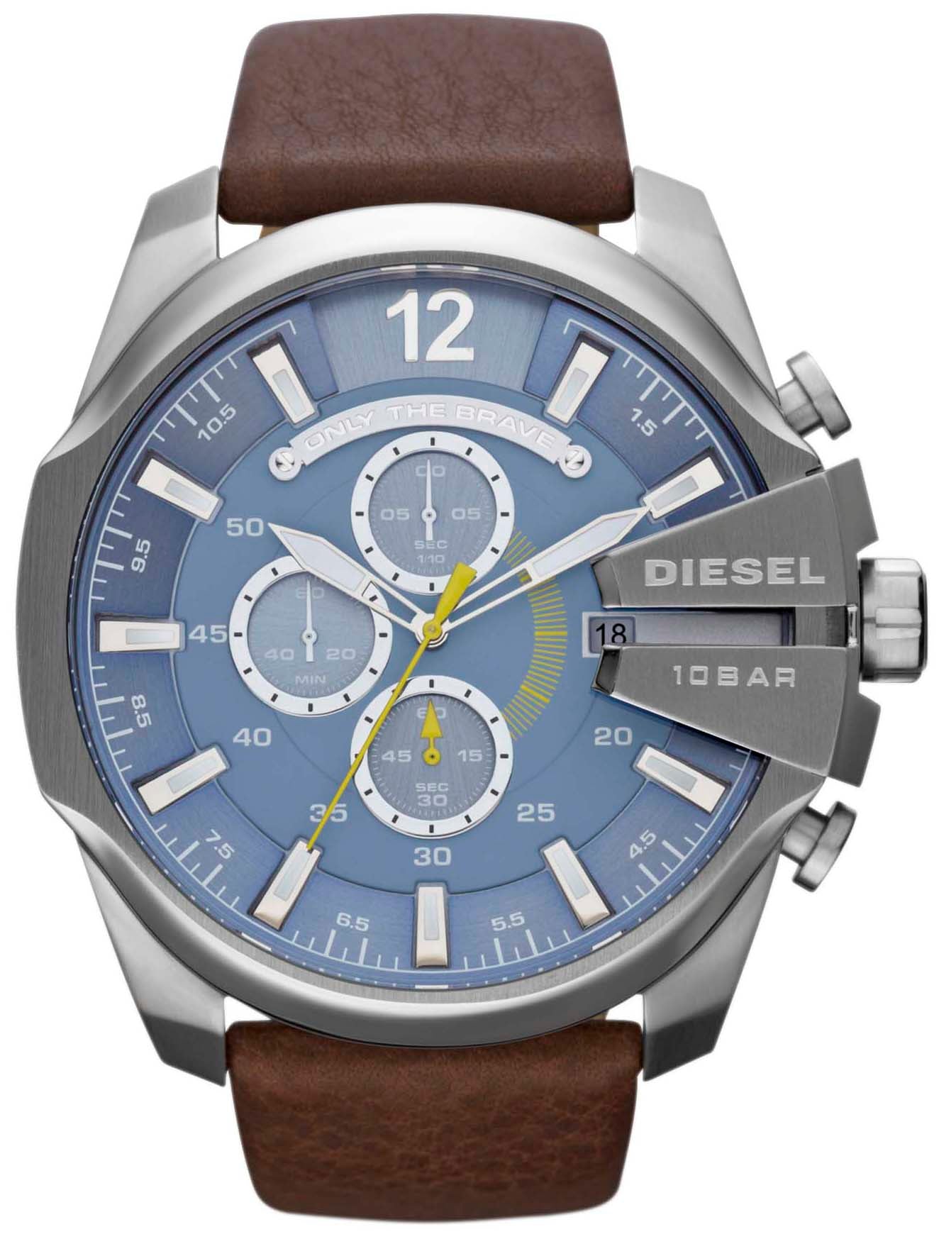 Close-up of light blue dial with chronograph subdials and yellow accents