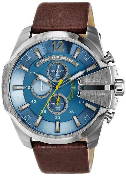 Diesel Mega Chief men's watch with light blue dial and brown leather strap