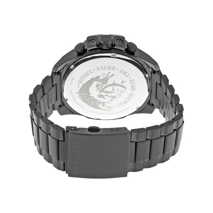Diesel Mega Chief watch caseback showing engraved Diesel logo and water resistance rating on black stainless steel