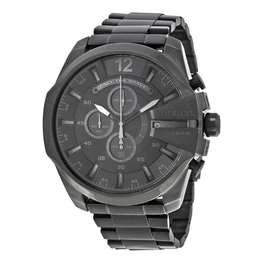 Diesel Mega Chief chronograph watch with black dial, stainless steel case and bracelet, displaying chronograph subdials