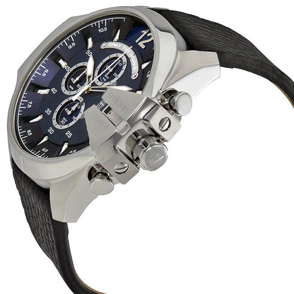Diesel Mega Chief DZ4423 watch from three-quarter angle showing silver case and black leather strap