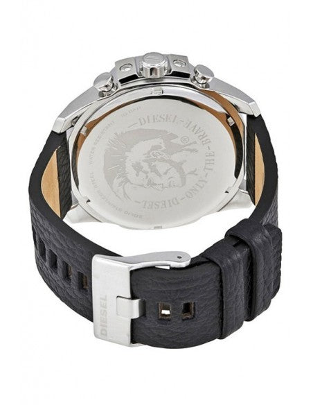 Caseback view of Diesel Mega Chief DZ4423 with engraved logo and leather strap visible