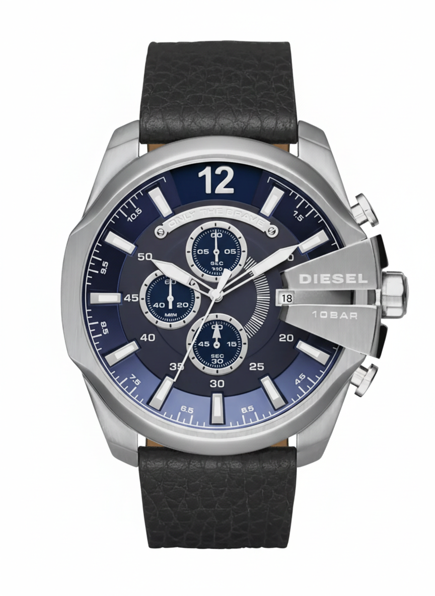 Front view of Diesel Mega Chief chronograph with blue dial and multiple subdials on black leather band